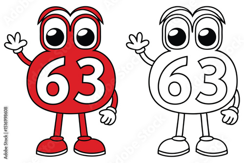 Cartoon Illustration of the Number Sixty Three Character Waving Hello