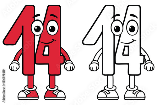 Cartoon characters of the number fourteen, colored and in black outline