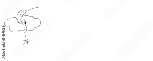 Line Art Moon, Cloud and Star Icon. Outline Sweet Dream and Good Night Sleep Symbol. baby Shower or Nursery Abstract Simple Romantic Decoration. One Continuous Editable Stroke Sketch Art.