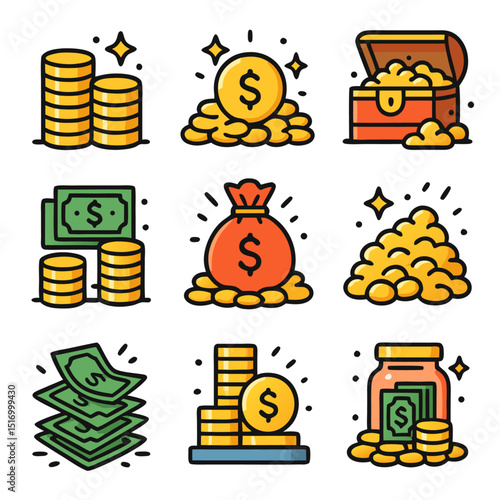 Money ,Coins, Cash, Treasure Chest and a Bag of Money icon set.