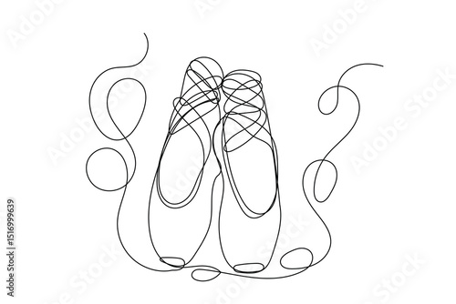Line Art Dancing Silk Abstract Pointe Shoe. One Continuous Outline Drawing. Editable vector Thin Outline Stroke Curve Contour. Classic Dance Elegant Vintage Accessories Symbol. Professional Ballet 
