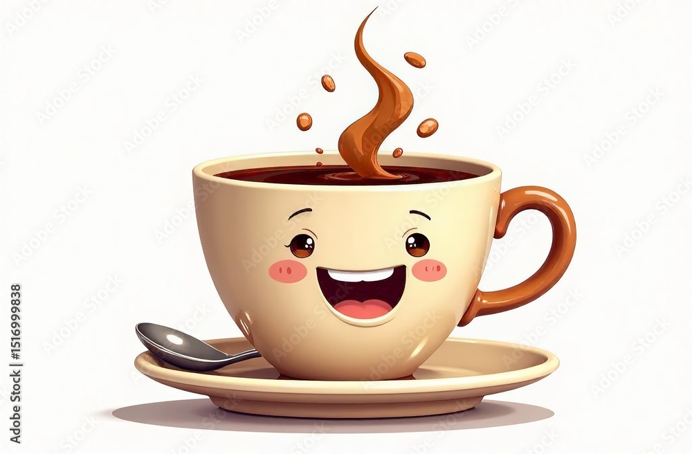 Obraz premium A cheerful cup invites you to drink coffee in the company of a spoonful of molasses. Cheeky food and drink illustration funny animation concept