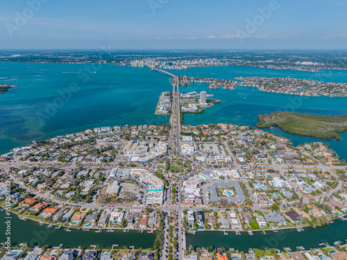 Beautiful aerial view of Sarasota, the magnificent white sand beach, and its iconic St. Armands Circle