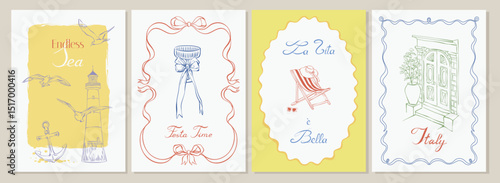 Italian poster set. Whimsical la dolce vita hand drawn coastal summer vacation line art with shells, Mediterranean old town doorway, nautical elements, and cocktail glass, for cards, posters, prints.