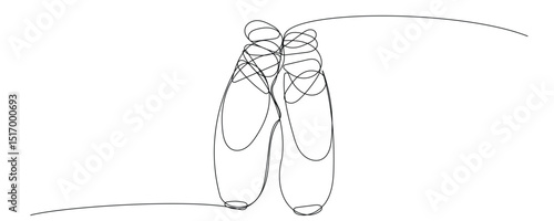 Line Art Dancing Silk Abstract Pointe Shoe. One Continuous Outline Drawing. Editable vector Thin Outline Stroke Curve Contour. Classic Dance Elegant Vintage Accessories Symbol. Professional Ballet Foo