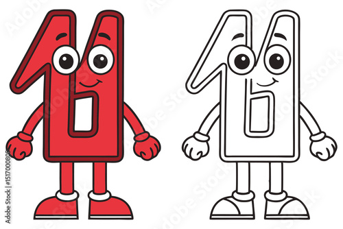 Cartoon Number Six Characters Standing Side by Side in Color and Outline