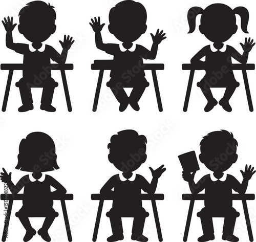 Silhouette Style Children Sitting at Desks in Classroom Vector Illustration for Education and Learning Environment