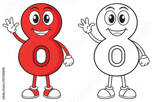 Cheerful Cartoon Number Eight Character with Red and Outline Versions