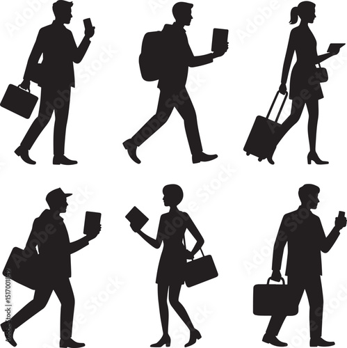 Silhouette Illustration of Business Travelers with Luggage and Briefcases on  Background, Corporate Travel Concept