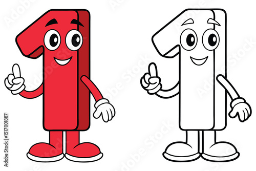 Cheerful Cartoon Number One Character with Color and Black and White Version