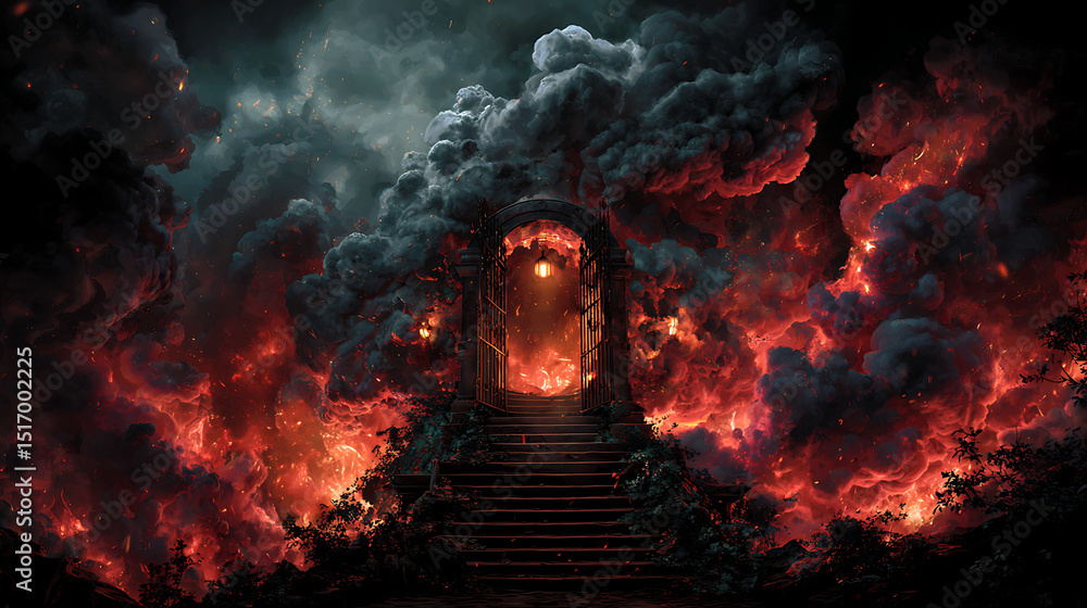 Obraz premium illustration of sinful curse hell gate with smoke and flame