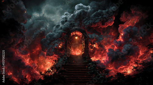 illustration of sinful curse hell gate with smoke and flame
