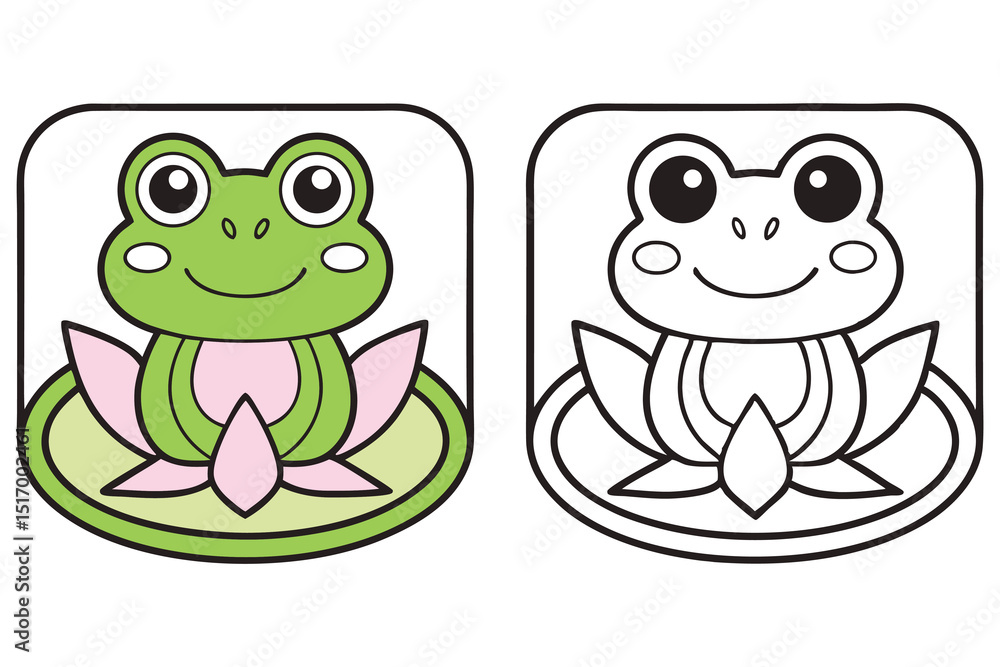 Obraz premium Cute Cartoon Frog on a Lily Pad Coloring Page for Kids