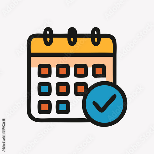 Colorful cartoon calendar icon with a prominent checkmark, indicating successful scheduling or task completion. Time management and planning concept