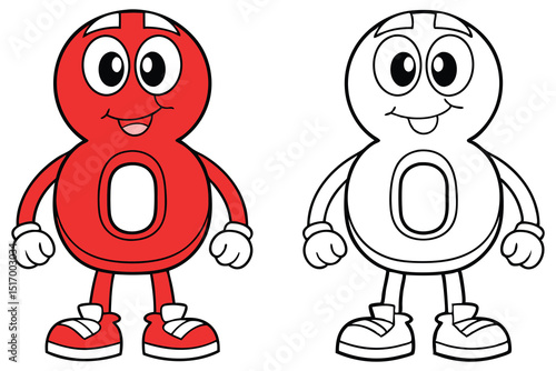 Friendly Number Eight Character in Color and Black and White Outline