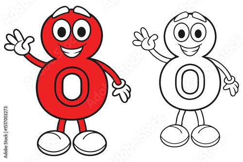 Friendly Number Zero Cartoon Character, Both Colored and Outlined Versions