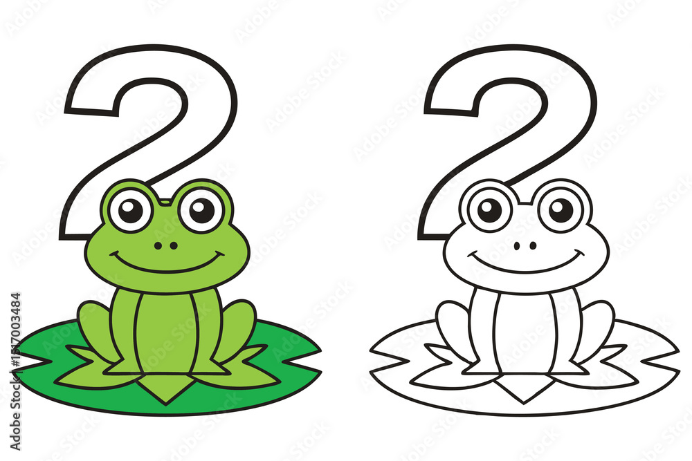 Happy Cartoon Frog with Number Two Illustration, Great for Kids Education Happy Cartoon Frog with Number Two Illustration, Great for Kids Education