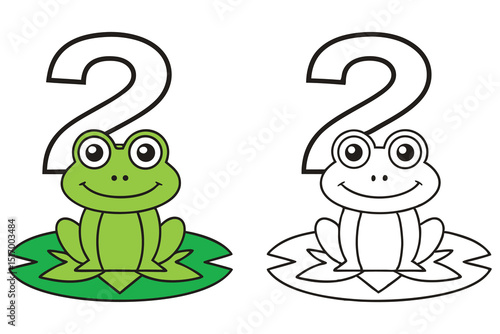 Happy Cartoon Frog with Number Two Illustration, Great for Kids Education