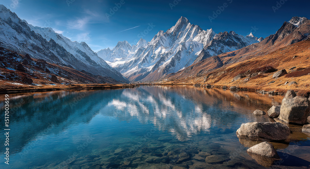 Snowy Mountain Peaks Reflecting on Alpine Lake, Representing Serenity and Outdoor Adventure for Travel and Tourism Promotion Snowy Mountain Peaks Reflecting on Alpine Lake, Representing Serenity and Outdoor Adventure for Travel and Tourism Promotion