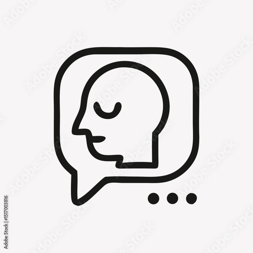 Minimalist line art speech bubble icon containing a serene human head profile, representing communication, thought, or mental health discussions. Communication and psychology concept