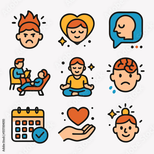 Collection of colorful icons representing various aspects of mental well-being, including stress, emotional balance, therapy, and self-care practices. Mental health and wellness concept