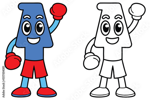 Number one cartoon character ready to fight with boxing gloves shown twice