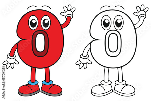 Number zero cartoon character in color and line art illustration