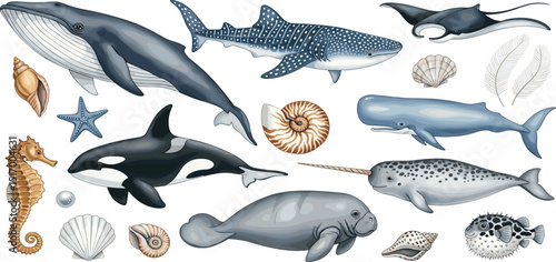 marine animals and shells watercolor whale shark orca narwhal stingray manatee seahorse fish starfish ocean sea life set