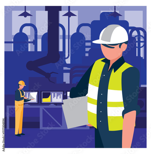 Factory Workers Supervising Automated Machinery in a Manufacturing Plant - Vector Illustration
