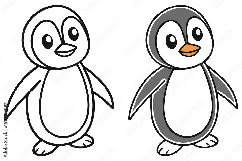 Naklejka premium Two Adorable Penguin Illustrations One Colored and One Black and White Outline