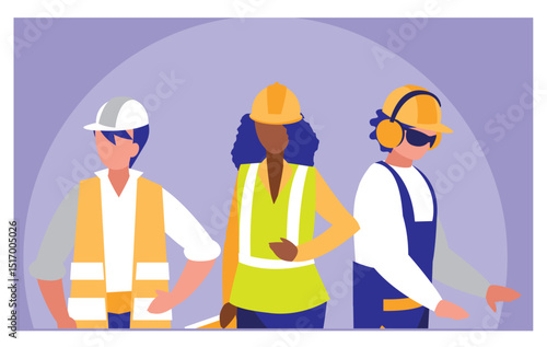 Vector Illustration of a Diverse Group of Construction Workers Wearing Hard Hats and Safety Vests on a Purple Background