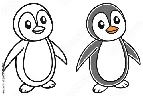 Two Adorable Penguin Illustrations One Colored and One Black and White Outline