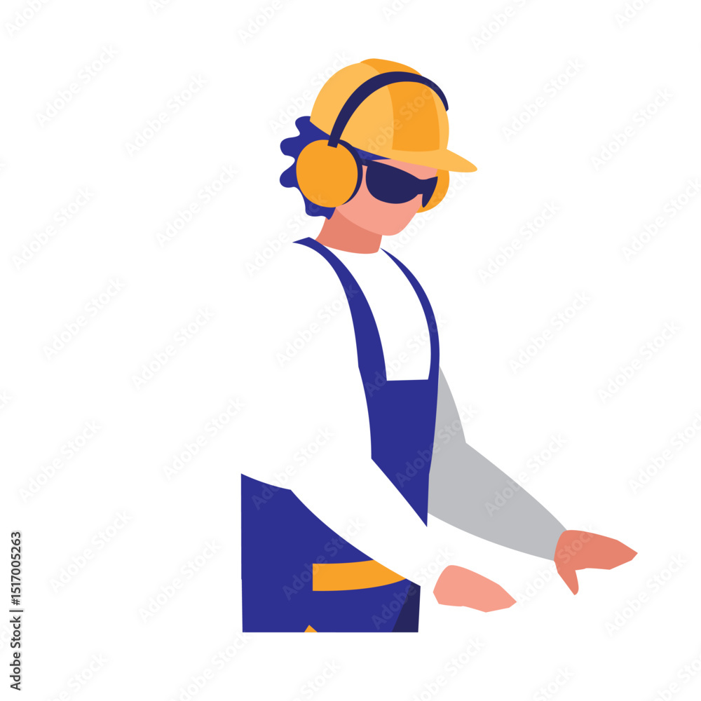 Vector illustration of a construction worker wearing a hard hat, safety glasses, and ear protection, dressed in overalls, focused on his work, representing safety awareness Vector illustration of a construction worker wearing a hard hat, safety glasses, and ear protection, dressed in overalls, focused on his work, representing safety awareness