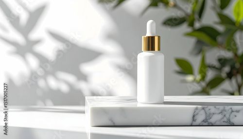 Wallpaper Mural White Serum Bottle on Marble Surface with Greenery and Sunlight Shadows Torontodigital.ca
