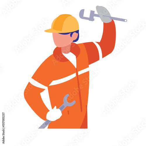 Vector illustration of a construction worker in an orange jumpsuit and hard hat, holding a pipe wrench above his head and a regular wrench in his hand, representing skilled trades