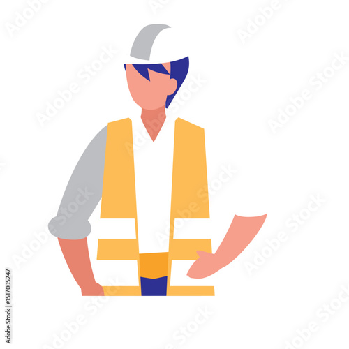 Vector illustration of a construction worker wearing a white hard hat and a reflective safety vest, standing in a neutral pose, representing site safety, construction professions