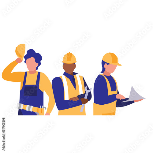 Vector illustration of a diverse group of construction workers wearing safety helmets and uniforms, holding tools and blueprints on a worksite
