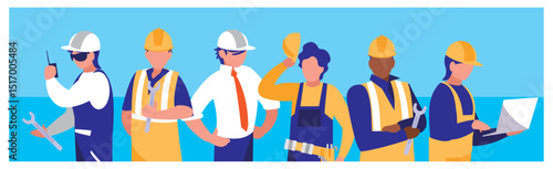 ector Illustration of a Diverse Group of Industrial and Construction Workers in Various Roles, Including Mechanic, Engineer, Manager