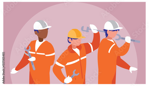 Vector illustration of three diverse repair workers in orange jumpsuits and hard hats, each holding wrenches, depicted in a modern flat design style.