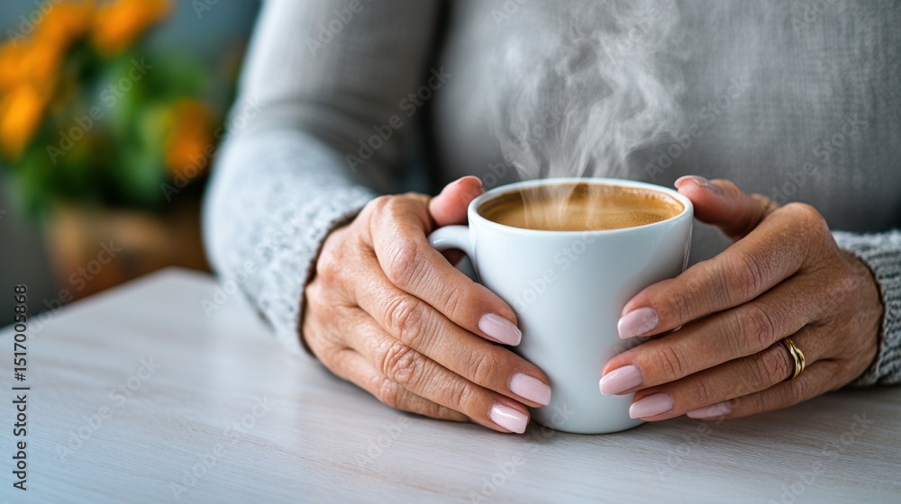 A pair of hands gently cradles a steaming cup of coffee, while colorful flowers add a touch of warmth to a serene indoor atmosphere during the morning. A pair of hands gently cradles a steaming cup of coffee, while colorful flowers add a touch of warmth to a serene indoor atmosphere during the morning.