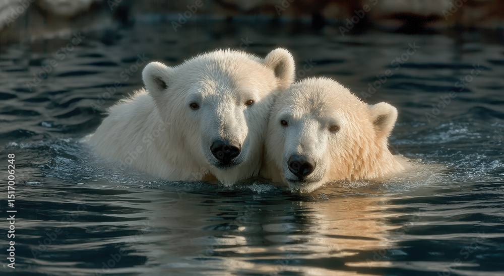 Two Polar Bears Swimming Together in Water, Symbolizing Wildlife Conservation and Environmental Awareness Campaign Two Polar Bears Swimming Together in Water, Symbolizing Wildlife Conservation and Environmental Awareness Campaign