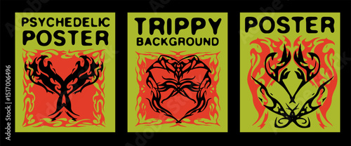 Three psychedelic poster designs with tribal tattoo elements on bold green and red backgrounds. Stylized motifs and thick lines represent the Y2K tribal trend, popular in today’s digital art scene.
