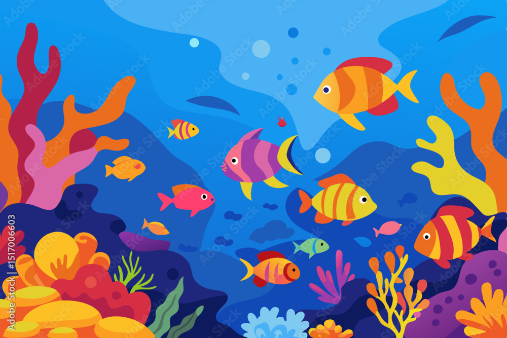 Seamless marine life pattern with cartoon fish, coral, and tropical aquatic animals Seamless marine life pattern with cartoon fish, coral, and tropical aquatic animals