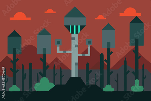 Vector illustration of urban city landscape with buildings, trees, and sky, depicting a bustling town or industrial skyline at night