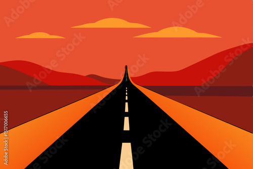 Highway at sunset: A scenic journey on an asphalt road leading to the horizon under a vibrant sky, symbolizing direction and the path to success