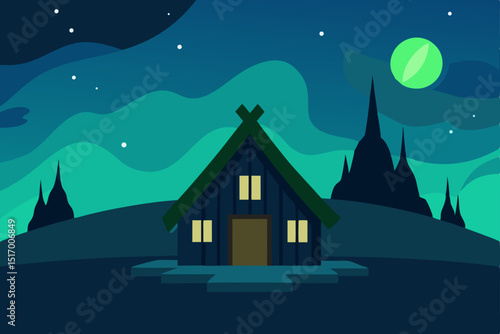 A whimsical cartoon illustration of a snow-covered house in a winter forest at night, illuminated by the moon and festive Christmas lights