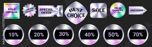 Set of colorful neon stickers, label with holographic effect. Isolated shiny rainbow emblems for Sales .Limited edition, New, Best choice, offer, Clearance, Discount. Vector illustration