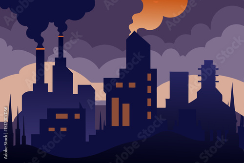 A night city skyline silhouette with a smoking factory and urban industrial buildings