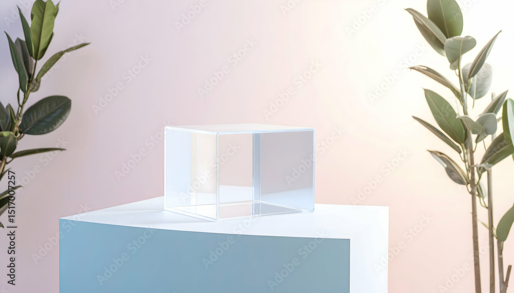 Clear Acrylic Cube Display on Pastel Green Pedestal with Greenery Clear Acrylic Cube Display on Pastel Green Pedestal with Greenery