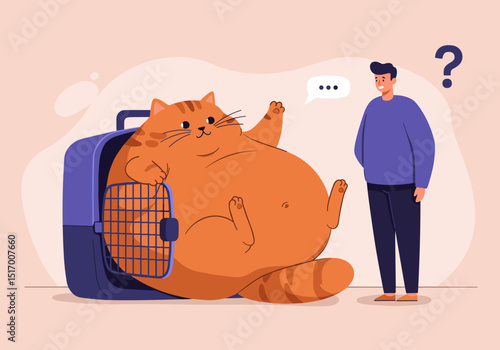 Overweight cat lounging in pet carrier while man looks confused  